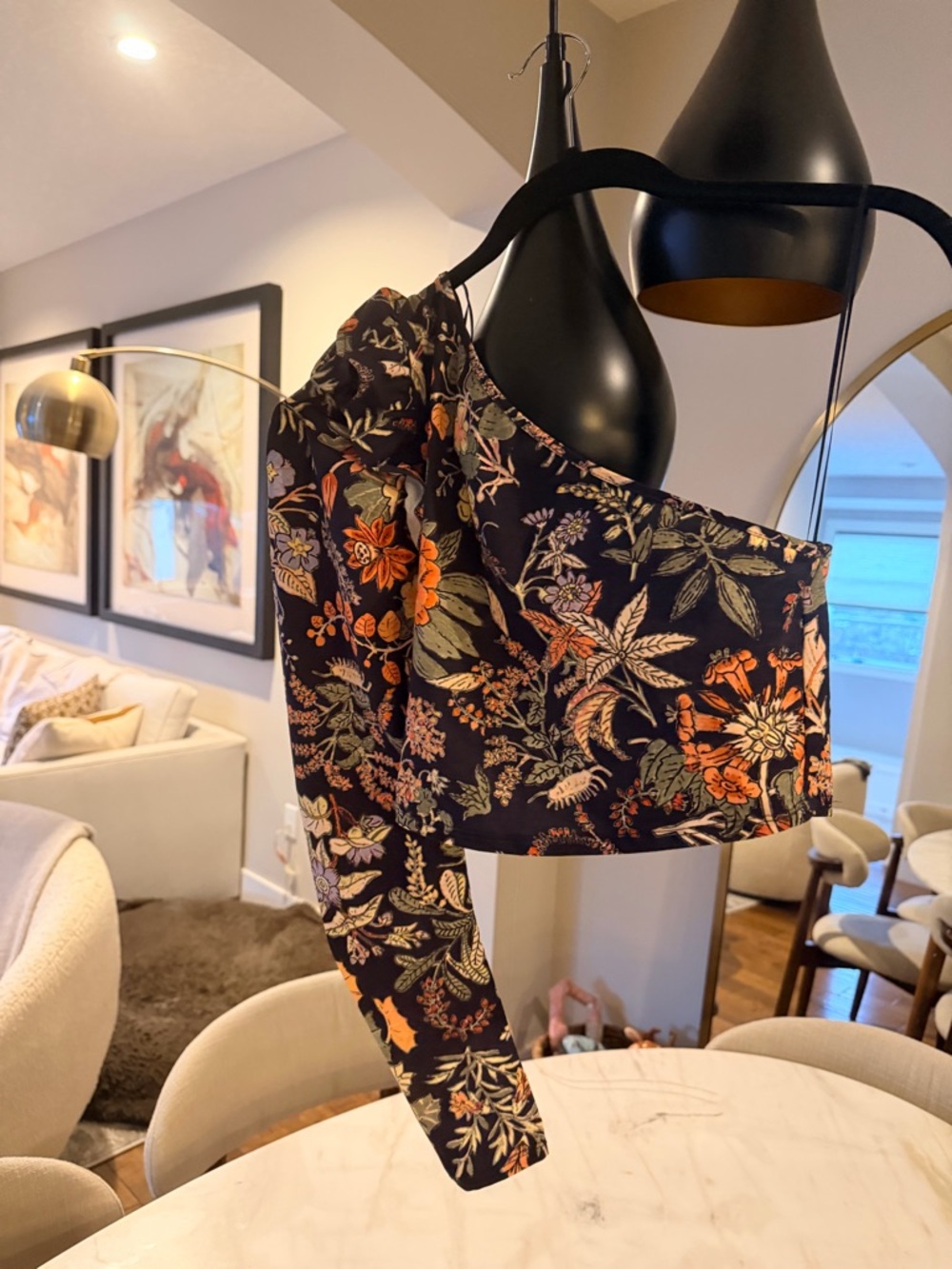 Zara Black Floral One-Shoulder Blouse